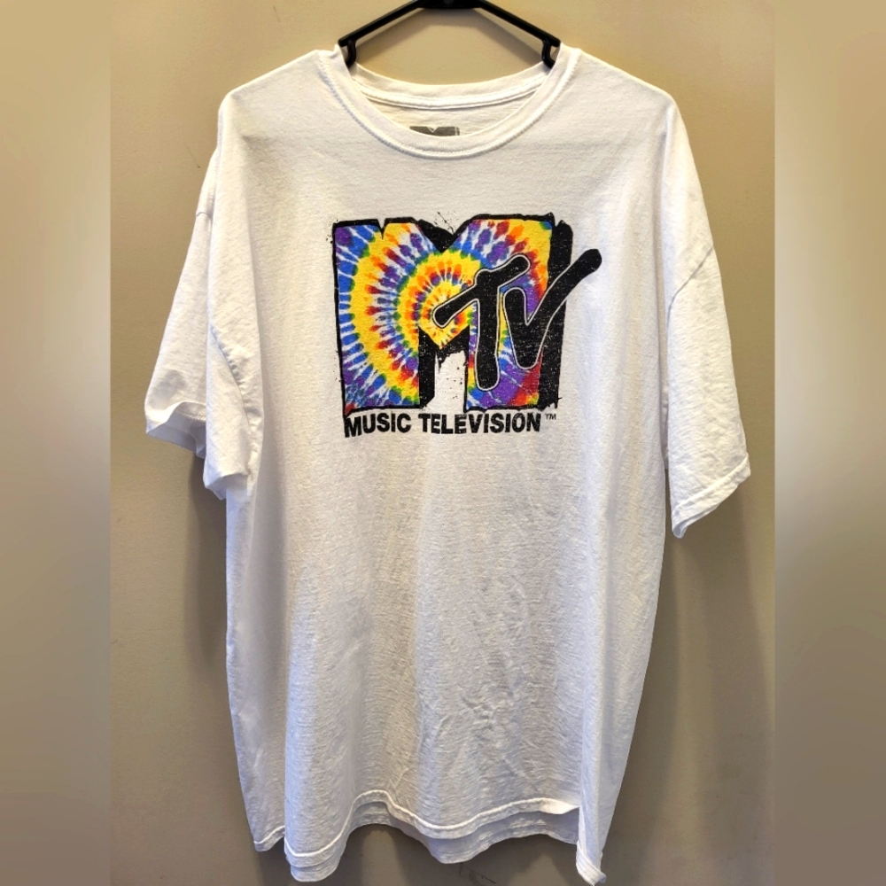 MTV Music Television Men's 2XL White Colorful Tie Dye Print Logo T-Shirt Cotton